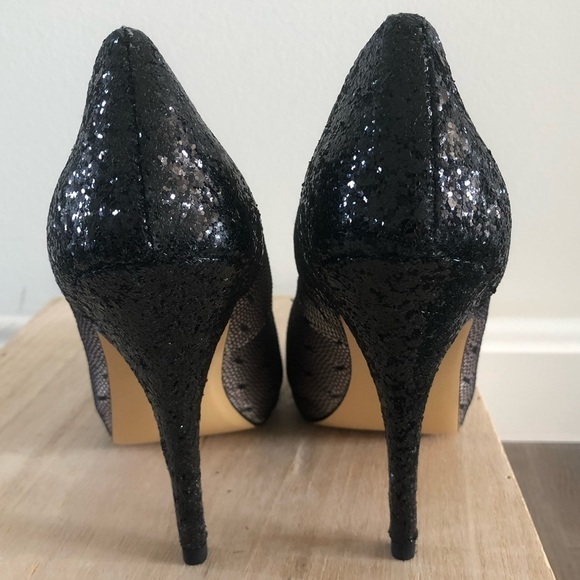 Lulu Townsend Black & Beige Mesh Glitter Stiletto Heels 6 - Picture 6 of 6
